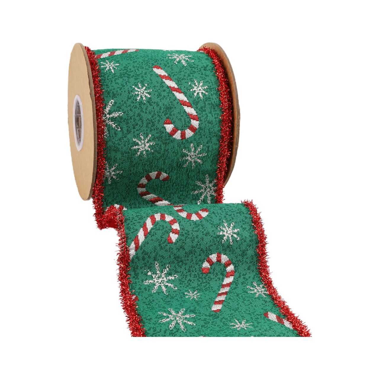 LaRibbons 4" Wired Jacquard Ribbon | Candy Cane on Green w/ Red Tinsel Edge | 5 Yard Roll
